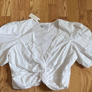 Anthropologie Paola Factory White Twist Front Puff Sleeve Cropped Blouse